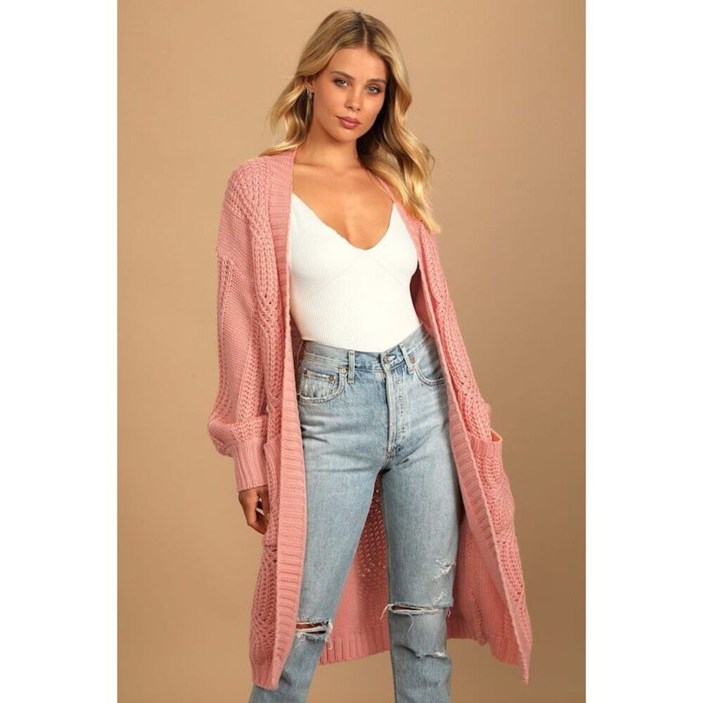 Blush Chunky Cable Knit Oversized Cardigan Pink - Size S